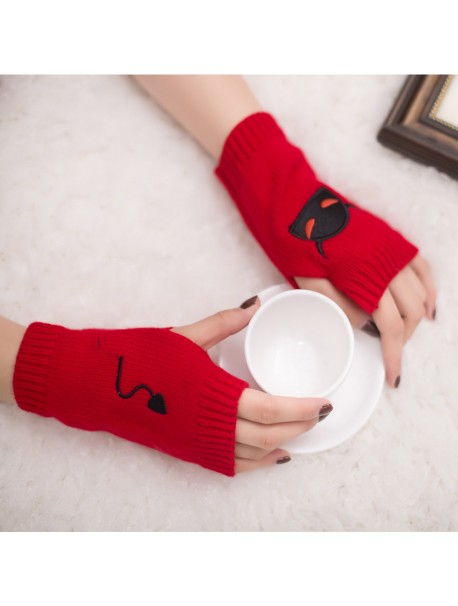 Womens Winter Gloves Twist Knitted Wool Demon Print with Half Finger Gloves for Girls Fingerless Female Mittens 17 Colors