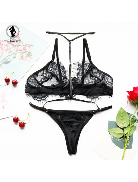ALINRY sexy bra set lace transparent bandage bralettes push up lingerie halter ultra thin wire free underwear thong panty set