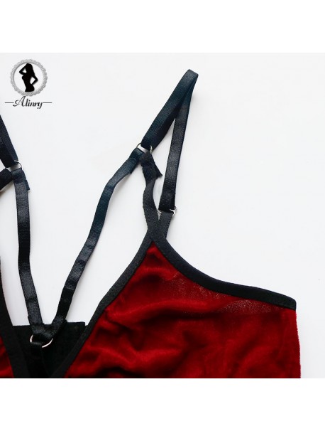 ALINRY sexy bra set women lace velvet push up lingerie wire free bralette red christmas bandage thong panties intimate underwear