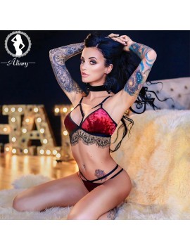 ALINRY sexy bra set women lace velvet push up lingerie wire free bralette red christmas bandage thong panties intimate underwear