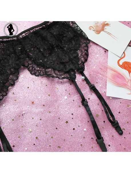 ALINRY sexy lace bra panty garter belt set women black transparent wire free lingerie 2018 seamless intimates underwear bralette