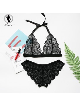 ALINRY sexy lace bra set hot women transparent lace up halter push up lingerie bralette wire free breathable intimate underwear