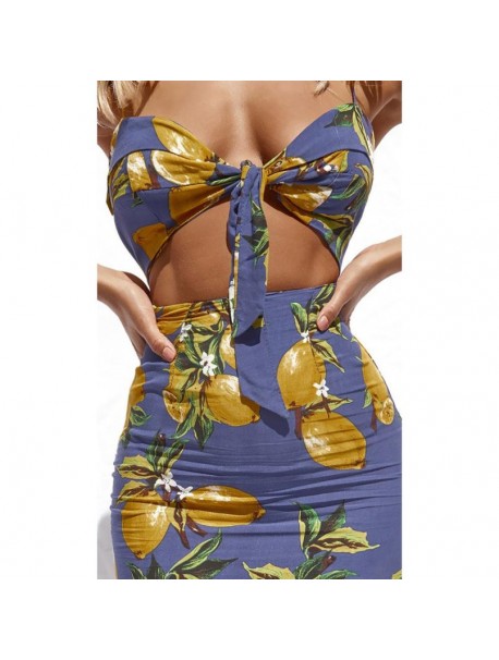 Summer Bandage Dress 2018 Women Tunic Lemon Print Sleeveless Bodycon Dresses Sexy Front Tie Beach Dress Clothes for Women 