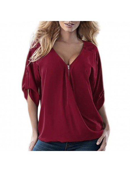 Plus Size 5XL Summer Womens Tops and Blouses Chiffon Tunic V Neck Zipper Shirts  Office Lady Half Sleeve Top Women Clothes