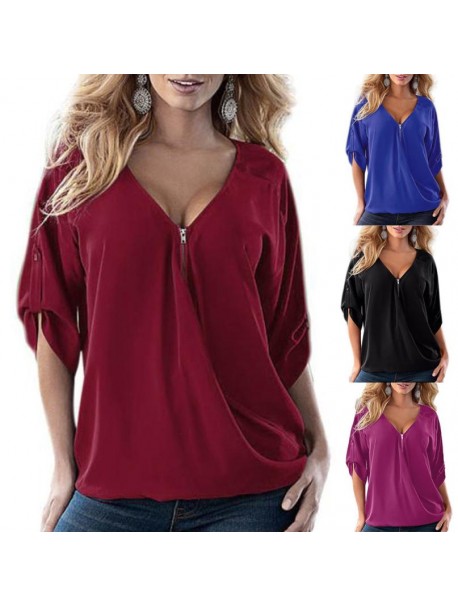 Plus Size 5XL Summer Womens Tops and Blouses Chiffon Tunic V Neck Zipper Shirts  Office Lady Half Sleeve Top Women Clothes