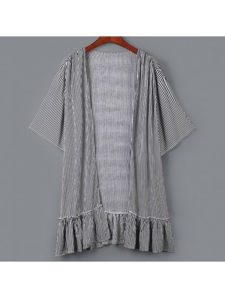 Summer Beach Style Women Striped Print Long Kimono Cardigan Half Sleeve Chiffon Loose Blouse Kimono Tops Shirts Clothes

