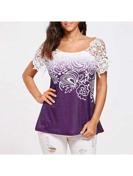 Summer Womens Tops and Blouses Vintage Floral Print Lace Patchwork O Neck Shirts Tunic Backless Hollow Out Women Clothes