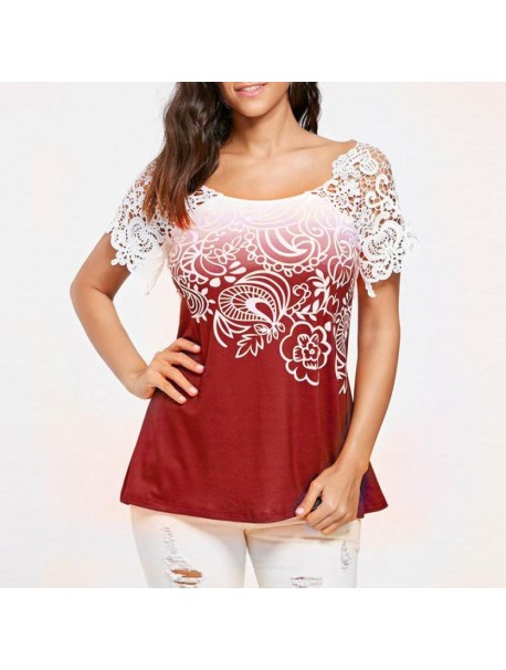 Summer Womens Tops and Blouses Vintage Floral Print Lace Patchwork O Neck Shirts Tunic Backless Hollow Out Women Clothes