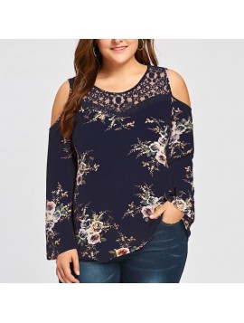 Womens Tops and Blouses 2018 Elegant Floral Print Lace Patchwork Cold Shoulder Long Sleeve Shirts Tunic Ladies Top Clothes