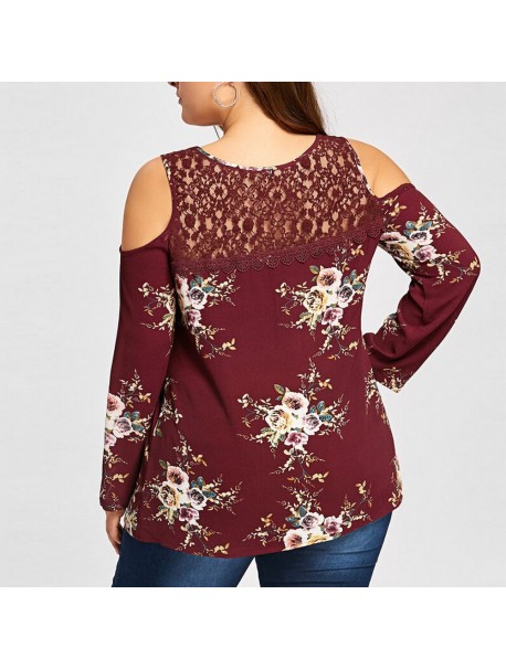 Womens Tops and Blouses 2018 Elegant Floral Print Lace Patchwork Cold Shoulder Long Sleeve Shirts Tunic Ladies Top Clothes