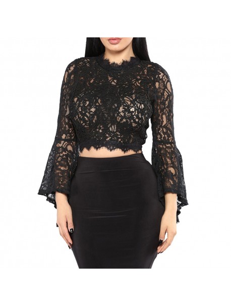 Womens Tops and Blouses 2018 Feminina Streetwear Lace Long Sleeve Shirts Tunic Transparent Flare Sleeve Clothes Woman Ladies Top