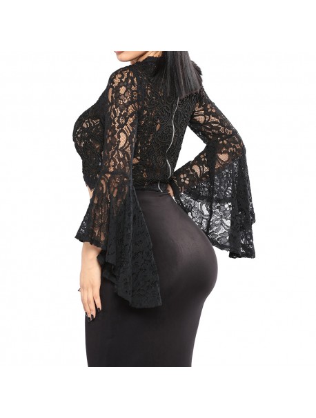 Womens Tops and Blouses 2018 Feminina Streetwear Lace Long Sleeve Shirts Tunic Transparent Flare Sleeve Clothes Woman Ladies Top