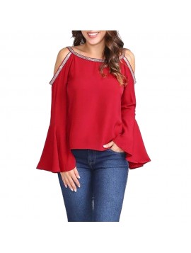 Womens Tops and Blouses 2018 Streetwear Sequin Cold Shoulder Long Sleeve Shirts Tunic Flare Sleeve Ladies Top Clothes Womens