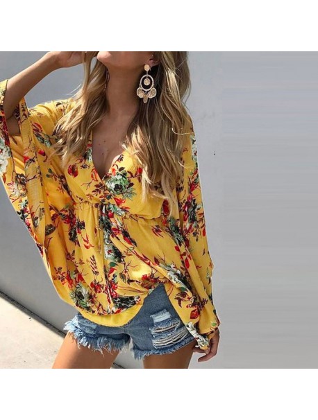 Womens Tops and Blouses 2018 feminina Streetwear Floral Print Long Sleeve Shirts Tunic Batwing Sleeve Ladies Top Clothes